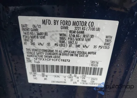 2012 Ford F-150 Xlt from USA, damaged, VIN 1FTFX1CF1CFC19272